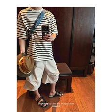 W9476-P43网图现货日系简约条纹短袖t恤潮流宽松落肩针织上衣，男装T恤，星座1608-2