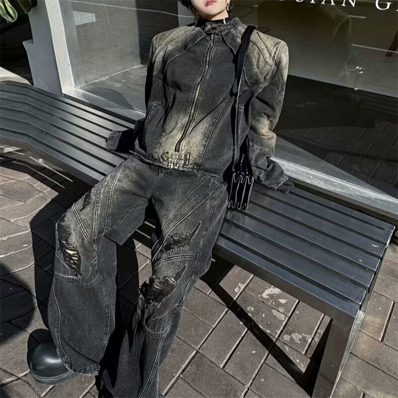 春季复古做旧水洗破洞牛仔夹克套装男设计感小众阔腿长裤两件套潮,男装夹克,星座218-1（原230）