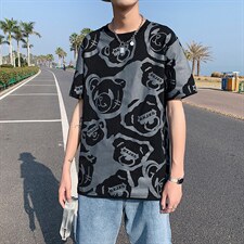 港风小熊印花短袖T恤男大码宽松百搭潮流短袖T恤T129P35控49图片