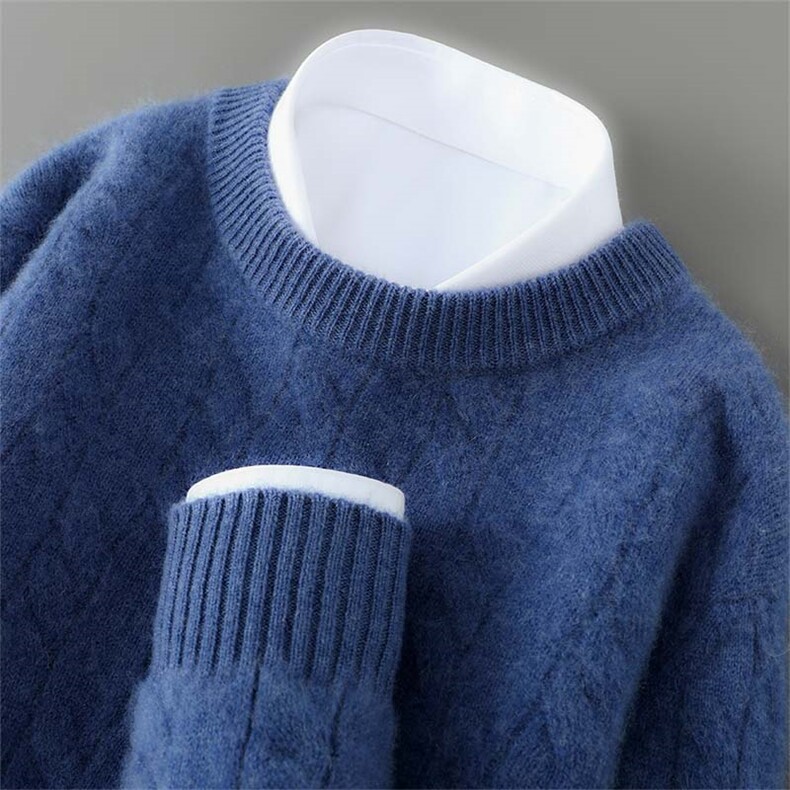 圆领加厚菱形拼色100%纯羊毛衫男秋冬长袖针织毛衣宽松打底羊绒衫，男装羊毛衫，宇灿羊绒