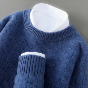 圆领加厚菱形拼色100%纯羊毛衫男秋冬长袖针织毛衣宽松打底羊绒衫，男装羊毛衫，宇灿羊绒