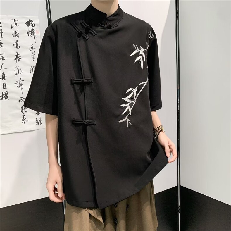 改良新中式盘扣衬衫男短袖小众竹子刺绣复古风衬衣C4546,男装衬衫,星座1116A-1（原606A）