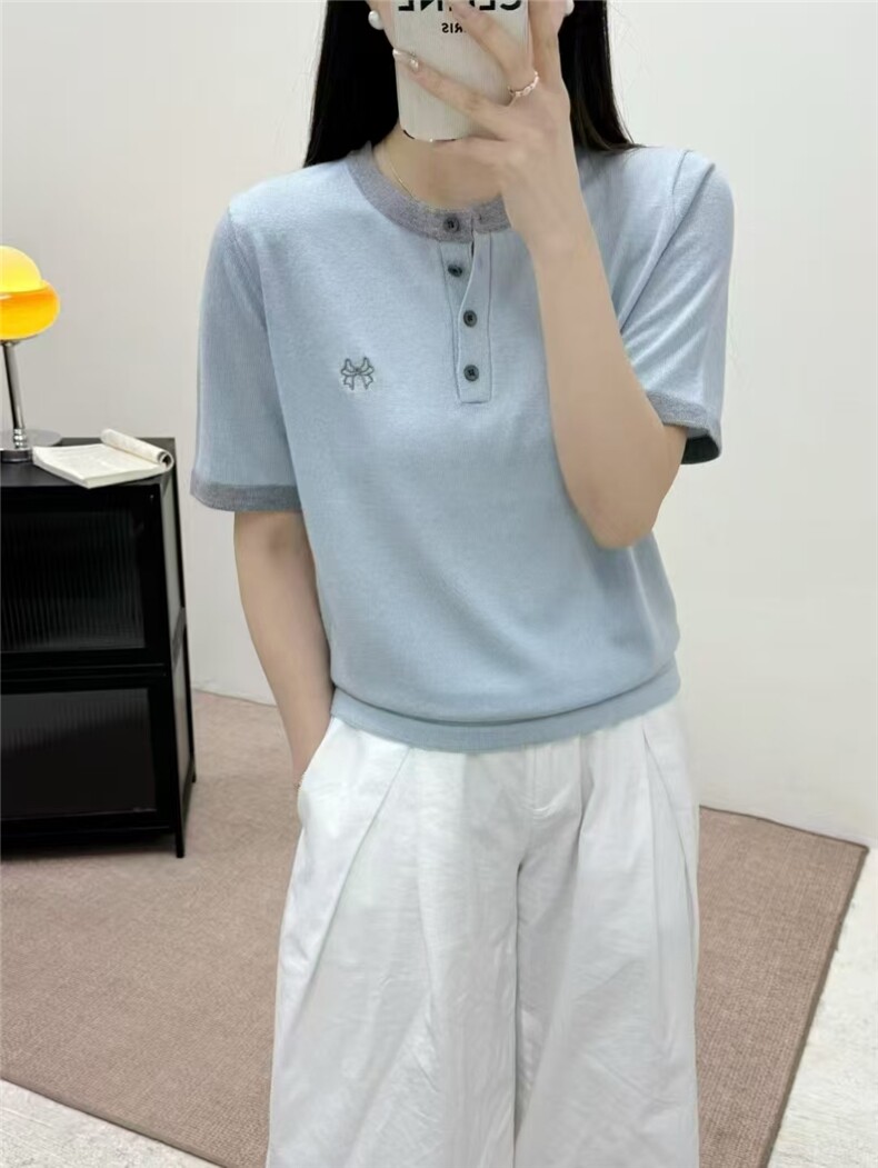 2025新款女夏季洋气短袖气质显瘦t恤衫撞色针织衫时尚圆领薄上衣,女装T恤,艾米娇羊绒