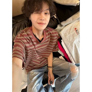 新款美式复古条纹短袖T恤男夏季宽松休闲百搭半袖上衣潮 T7120图片