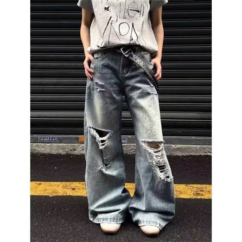 美式高街破洞cleanfit牛仔裤男女款夏季设计微喇长裤L11600-P50,男装牛仔裤,星座1008