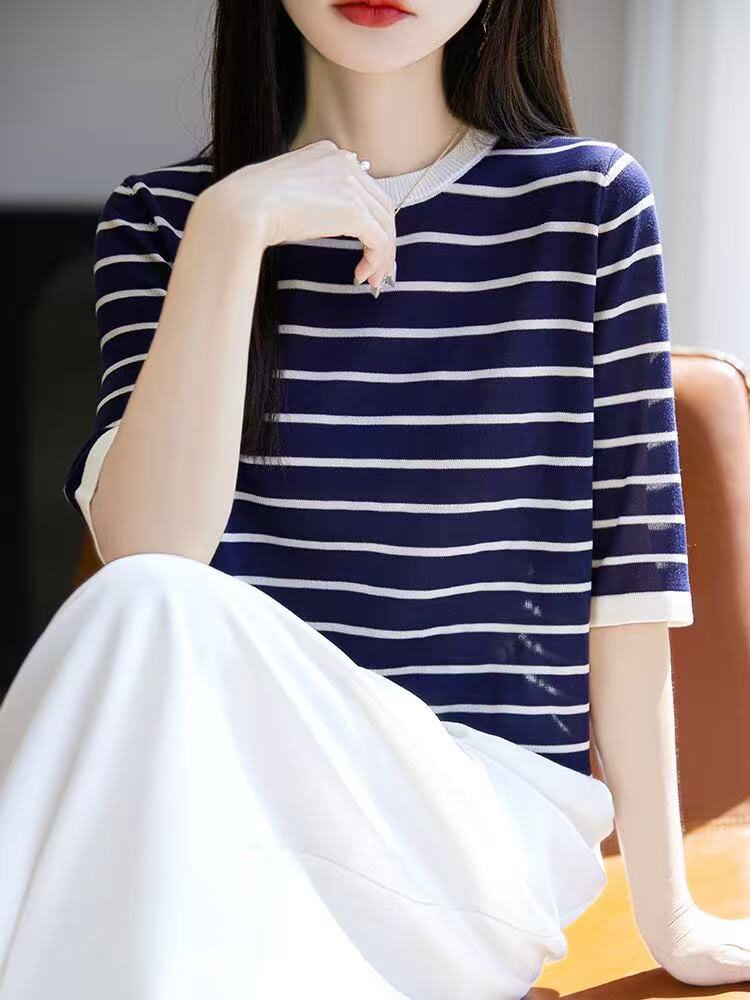 经典撞色百搭条纹圆领针织衫女2025夏季轻薄透气正肩半袖T恤上衣,针织衫/毛衣,萱芳婷羊绒