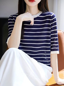 经典撞色百搭条纹圆领针织衫女2025夏季轻薄透气正肩半袖T恤上衣图片
