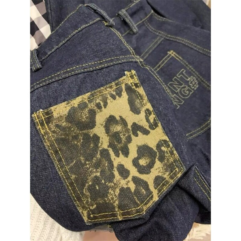 【有货】小众做旧阔腿豹纹拼接直筒休闲弯刀牛仔裤NZ566特P58,男装牛仔裤,星座908-1