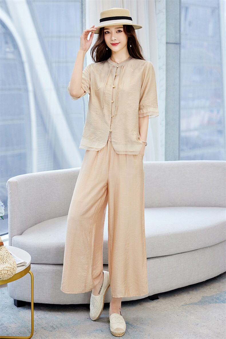 碎花上衣棉麻套装高端女装2025夏季时尚亚麻阔腿裤气质印花两件套,女装套装/套裙,阳光伊恋