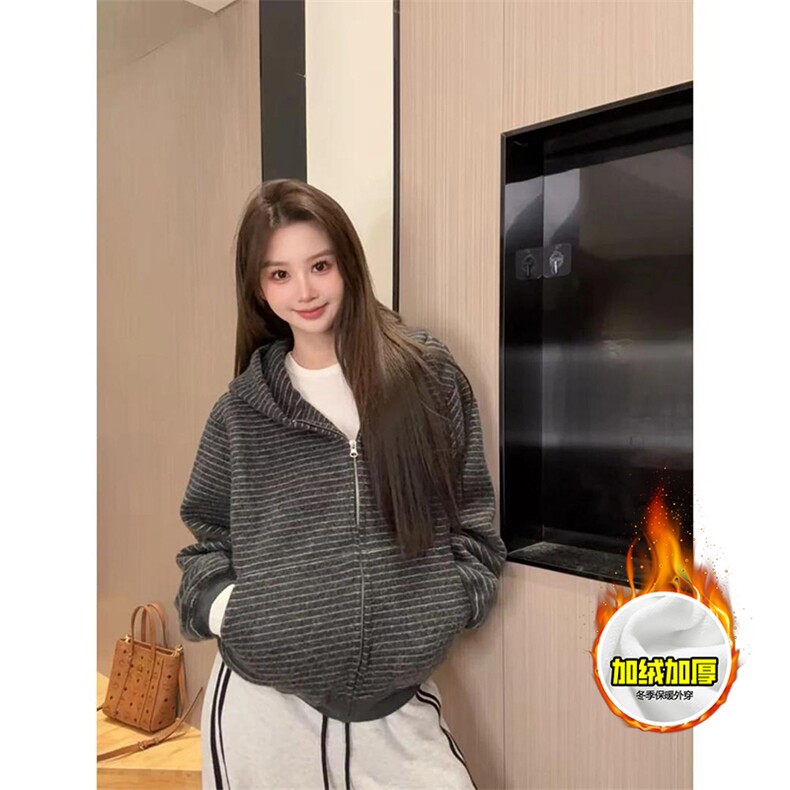 480G重磅加绒硬挺boxy男女秋冬美式高街条纹毛呢卫衣开衫厚外套,女装短外套,电商A486