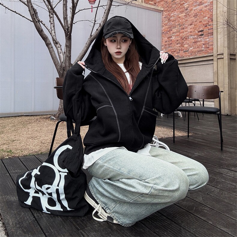 抖音得物高品质秋冬美式高街重磅结构辑明线纹理连帽卫衣外套W111,男装卫衣,电商A486