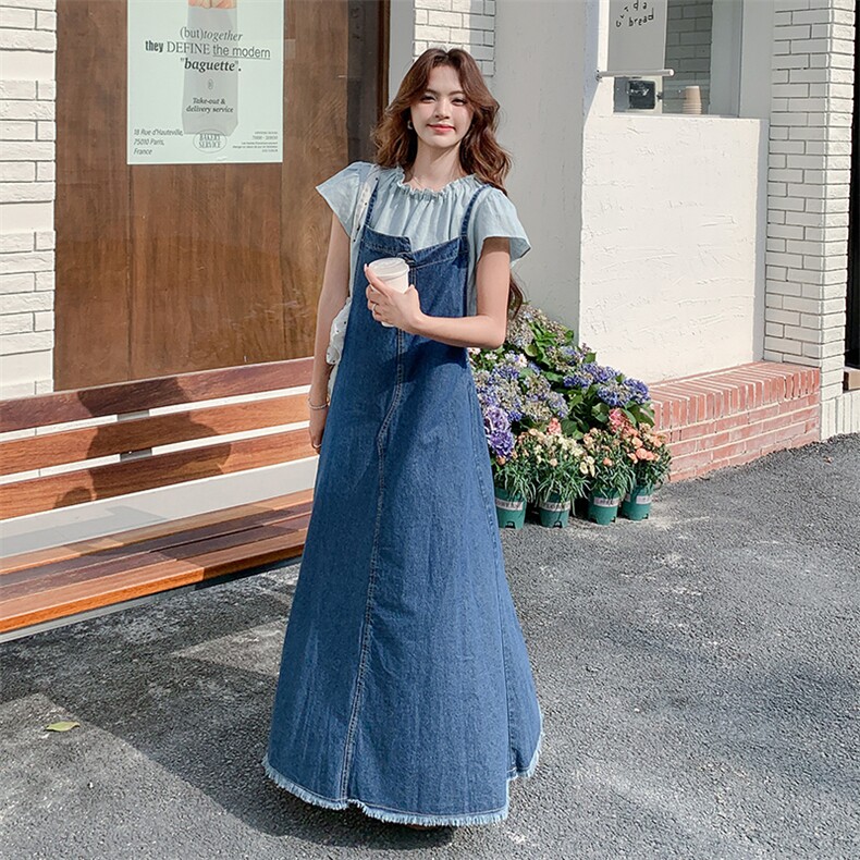 复古无袖牛仔拼接吊带连衣裙女2025夏季新款显瘦日系时尚气质套装,女装连衣裙,2C123
