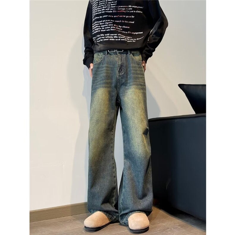 复古做旧牛仔裤男美式潮牌水洗宽松休闲微喇阔腿裤NZ2031，男装牛仔裤，星座516A