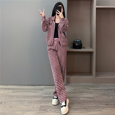 韩版休闲运动套装女秋新款粉色千鸟格立领抽绳上衣直筒长裤两件套，女装套装/套裙，江南