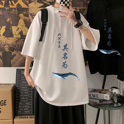 LD54261-P45 NASA连帽短袖t恤男大码胖子带帽五分袖中袖 海报风图片
