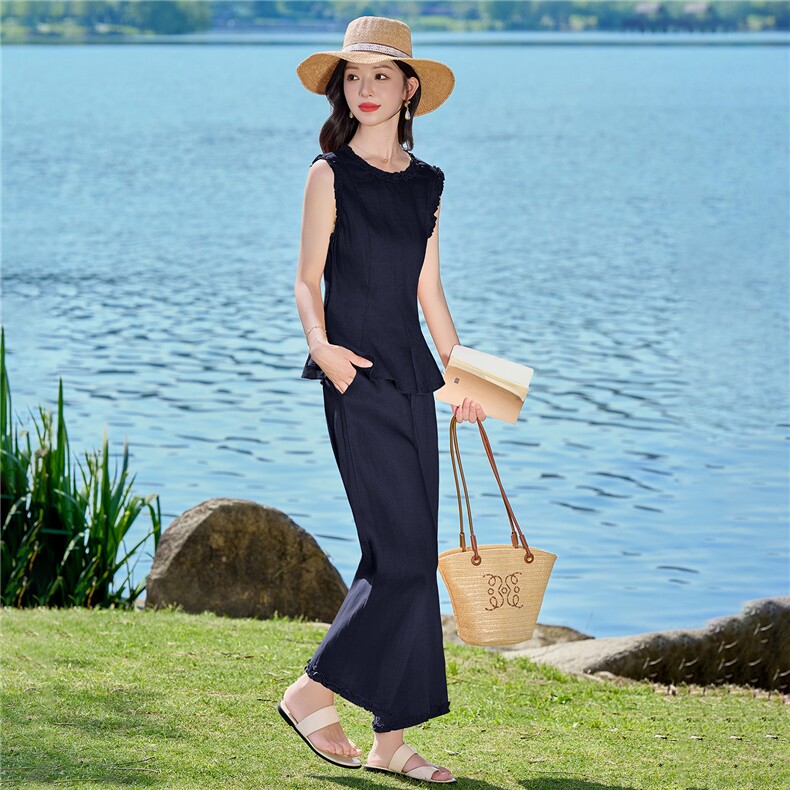 2026夏新款亚麻花边马甲百搭阔腿裤套装,女装套装/套裙,瑶迪依秀
