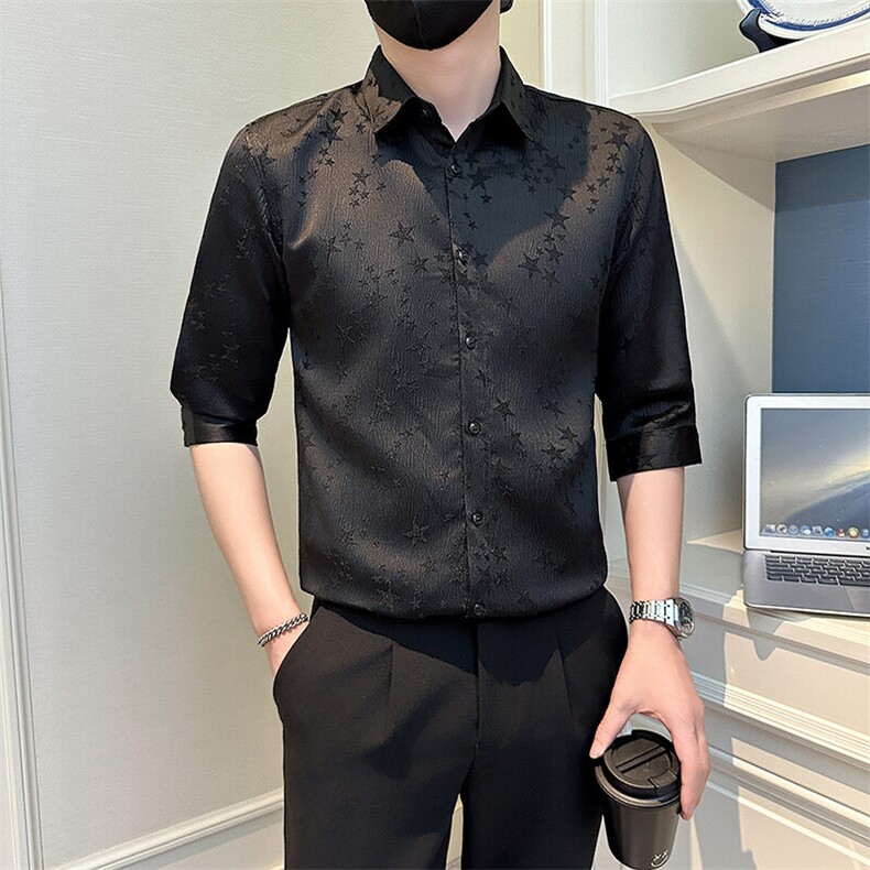 店主风社会小伙男士纯色花泡七分袖衬衫男上衣301A-1/CS561/P55,男装衬衫,星座301A-1