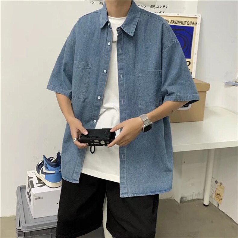 夏季韩版5分短袖牛仔衬衫男士潮流宽松百搭休闲打底衬衣C05-P36,男装衬衫,星座1116A-1（原606A）