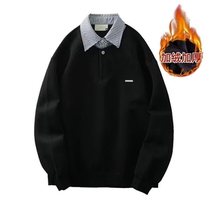 A05-加绒P50 美式潮牌撞色格子POLO领加绒卫衣男女复古学院风图片