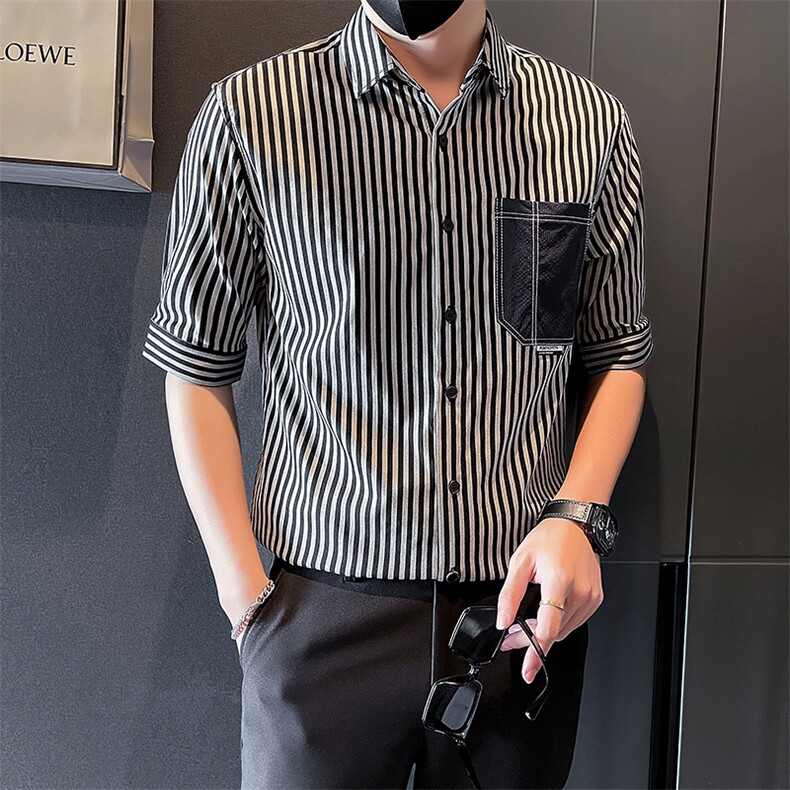 2025新款夏季衬衫男短袖潮牌帅气条纹中袖衬衣A313-1-W402-P58,男装T恤,电商A313-1