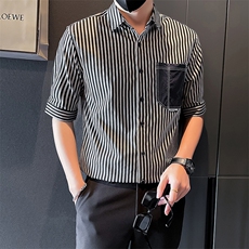 2025新款夏季衬衫男短袖潮牌帅气条纹中袖衬衣A313-1-W402-P58，男装T恤，电商A313-1
