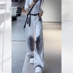 美式高街阔腿个性晕染牛仔裤女欧美新款高腰宽松直筒休闲长裤子潮图片