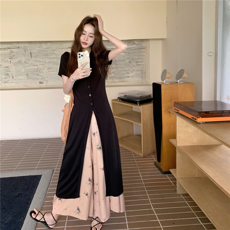 高级感通勤穿搭黑色V领开衫配印花阔腿裤套装女夏2025新款两件套,女装套装/套裙,2C307