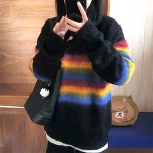 海马毛彩虹条纹毛衣男女款秋冬季慵懒风针织衫小众设计感情侣线衫图片