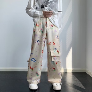 美式涂鸦印花工装长裤男女宽松直筒阔腿裤休闲拖地裤子K4491-P46图片