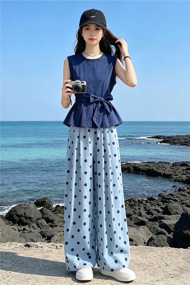 松弛感时尚洋气套装女夏季新款圆领无袖收腰上衣波点阔腿裤两件套,女装套装/套裙,江南