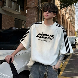 抖音得物品质二开240克宽松纯棉美式潮牌印花三条杠中性风短袖T恤图片