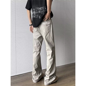 美式高街脏灰色休闲裤子直筒微喇叭廓形弹力vibe小众设计图片