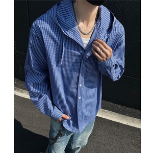 26春季慵懒连帽休闲宽松弯刀袖薄防晒衣格纹连帽衬衫男 H1072 P68图片