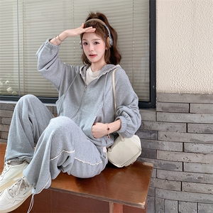 蕾丝花边灰色连帽开衫卫衣阔腿裤套装女春秋两件套爆款流行巨好看图片
