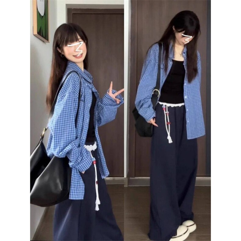 TC735-P45春秋宽松气质休闲百搭开衫港风chic显瘦格子衬衫女，女装衬衫，星座617A-2