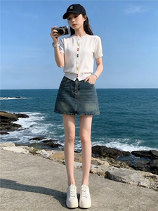 夏季新款时尚休闲简约套装宽松显瘦圆领彩色纽扣上衣牛仔裙两件套图片