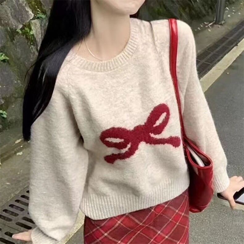 甜美蝴蝶结装饰宽松圆领针织衫可爱淑女风毛衣外套,针织衫/毛衣,萱芳婷羊绒