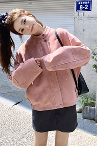 高级小众韩系chic粉色麂皮外套女春秋超火好看独特漂亮短夹克上衣图片