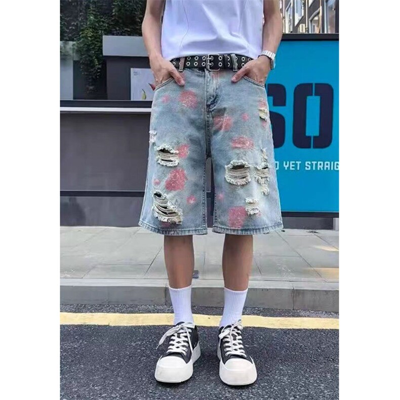 夏季玫瑰花破洞牛仔短裤男宽松五分裤街头痞帅风ND89,男装牛仔裤,星座1116A（原606A-3）