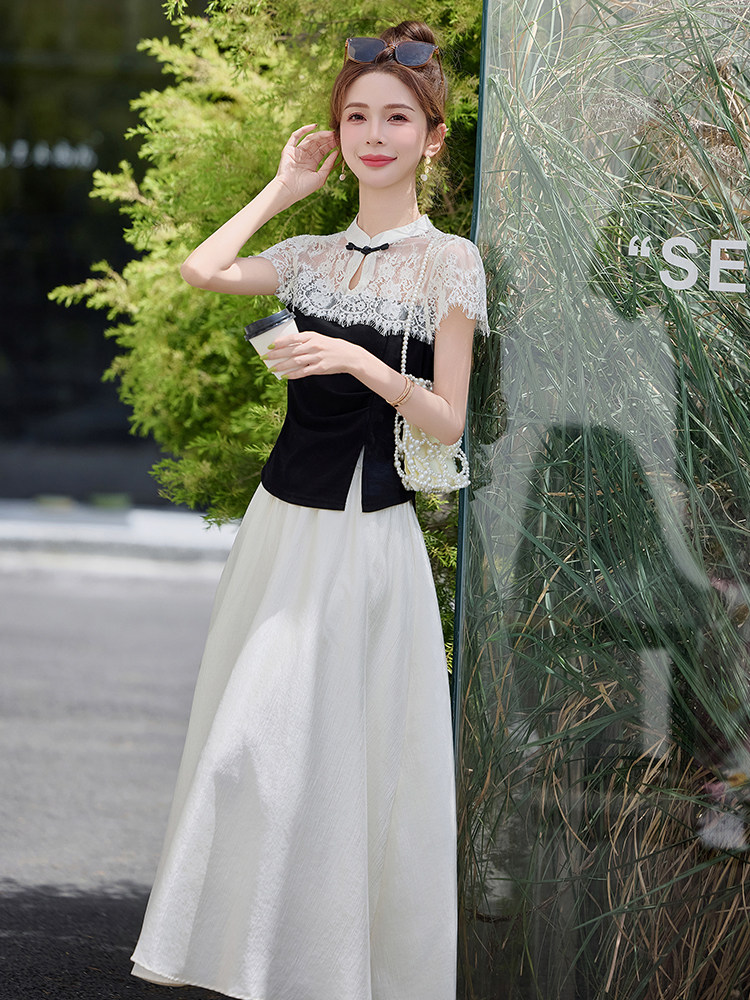 高级感复古盘扣镂空蕾丝拼接套装女2026夏新款气质时尚半身裙套装,女装套装/套裙,尚洛菲