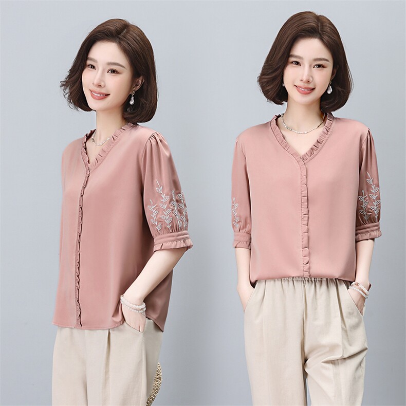 优雅气质蕾丝花边上衣女夏季新款V领刺绣雪纺衫宽松显瘦百搭衬衫，女装蕾丝衫/雪纺衫，依恋蒂丝