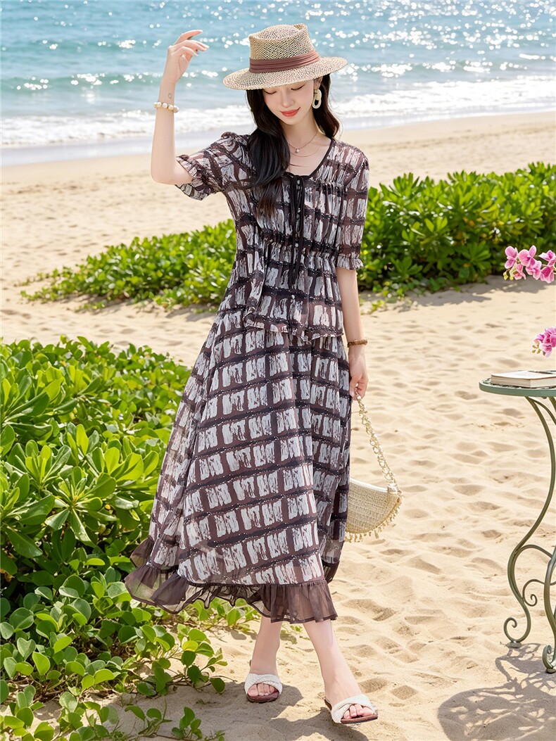 时尚休闲格纹显瘦系带上衣木耳边半裙超仙两件套女,女装套装/套裙,水衣源