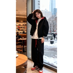 重磅高品质硬挺boxy26春装美式高街结构撞色拼接连帽卫衣开衫外套图片