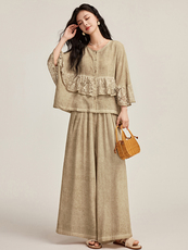 闺舍2025春季新款气质上衣时尚套装复古宽松阔腿裤蕾丝拼接衬衣，女装套装/套裙，宝儿家