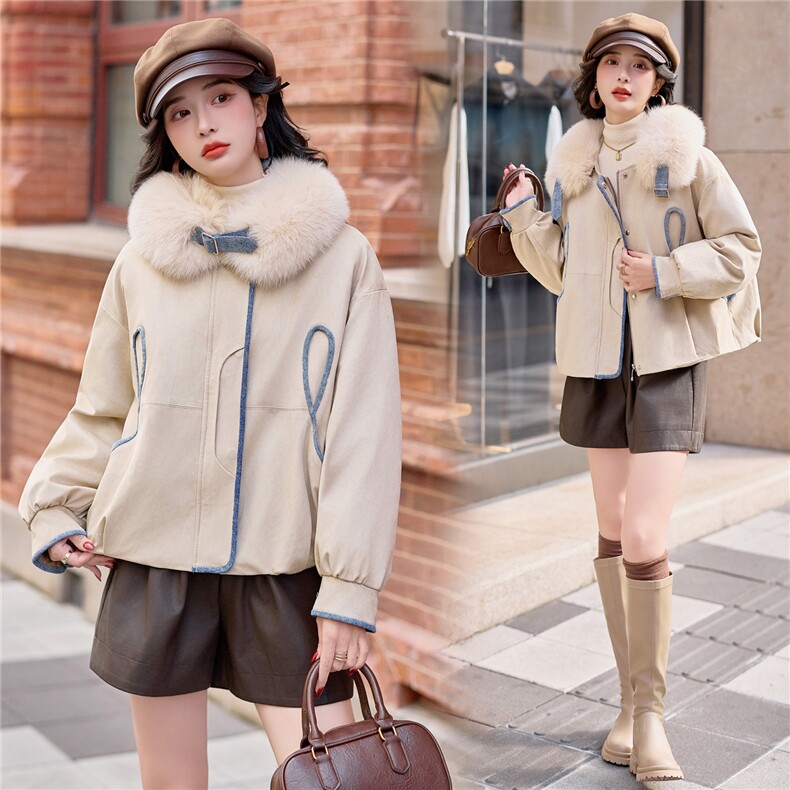 【bao款大货已出】2025冬装新款韩版牛仔拼接狐狸毛白鹅绒羽绒服，女装羽绒服，雅静靓衣