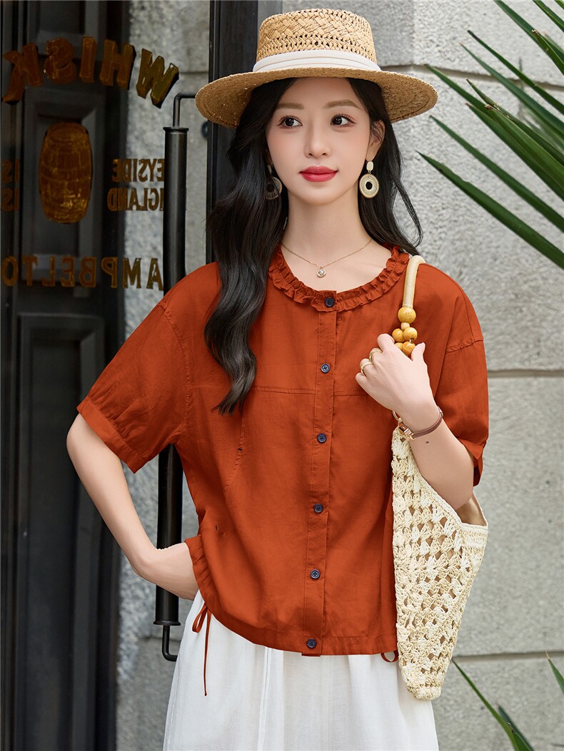 木耳花边圆领苎麻小衫女2026年夏季新款减龄百搭宽松休闲上衣,女装衬衫,余墨