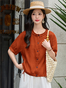 木耳花边圆领苎麻小衫女2026年夏季新款减龄百搭宽松休闲上衣图片