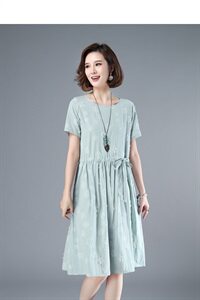 2021年夏季中长款通勤印花圆领A字裙40-49周岁韩版纯棉圆点裙子图片