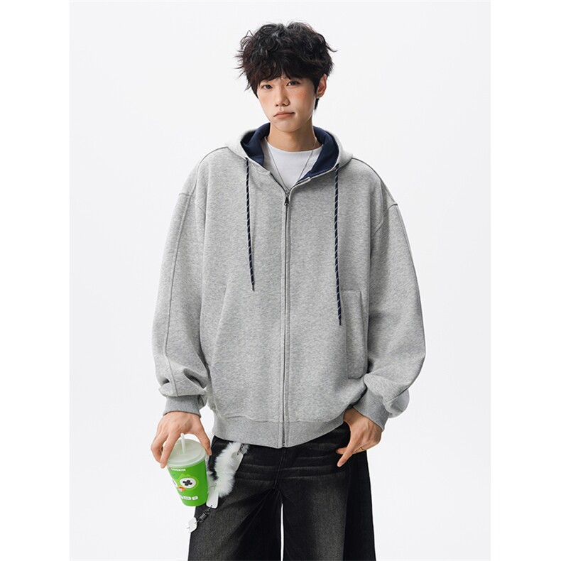 8XL-M秋连帽卫衣男宽松休闲纯色拉链开衫外套拼色帽衫运动WY27P65图片