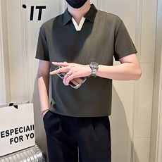 店主风社会小伙男士拼色V领POLO衫男休闲T恤301A-1/PL105/P48，男装T恤，星座301A-1